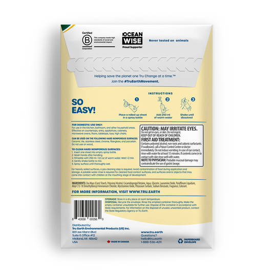 TruEarth Multi-Surface Cleaner Back of Package || 16 Sheets