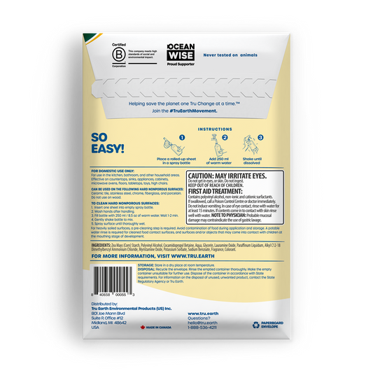 TruEarth Multi-Surface Cleaner Back of Package || 8 Sheets