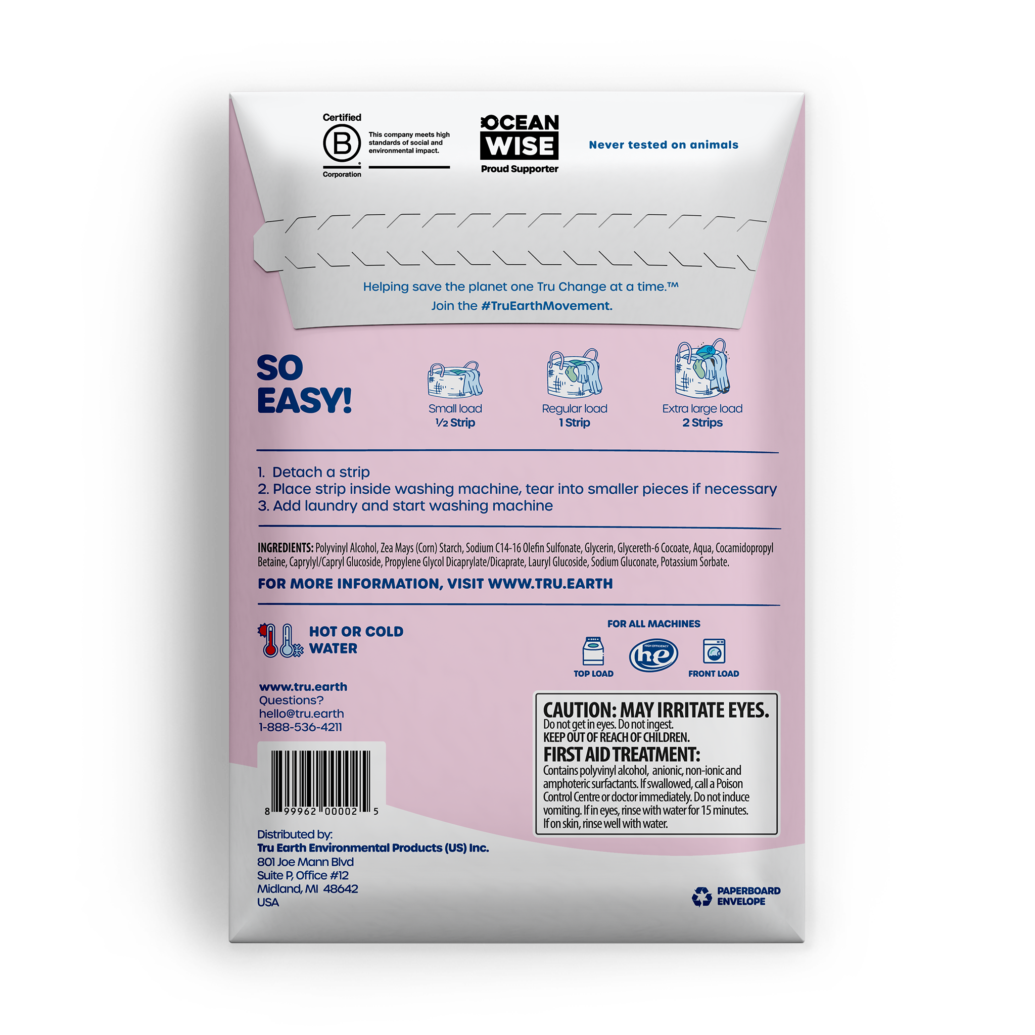 TruEarth Laundry Detergent Baby Fragrance-Free Back of Package || 32 Strips