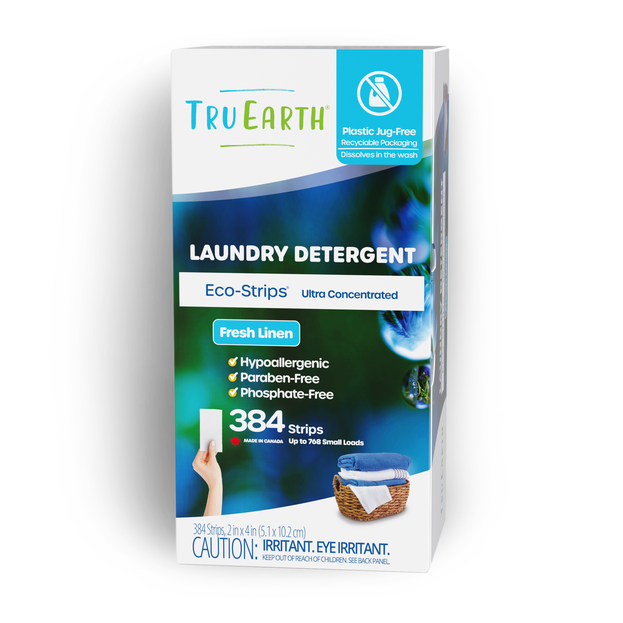 TruEarth Laundry Detergent Fresh Linen Front of Package || 384 Strips