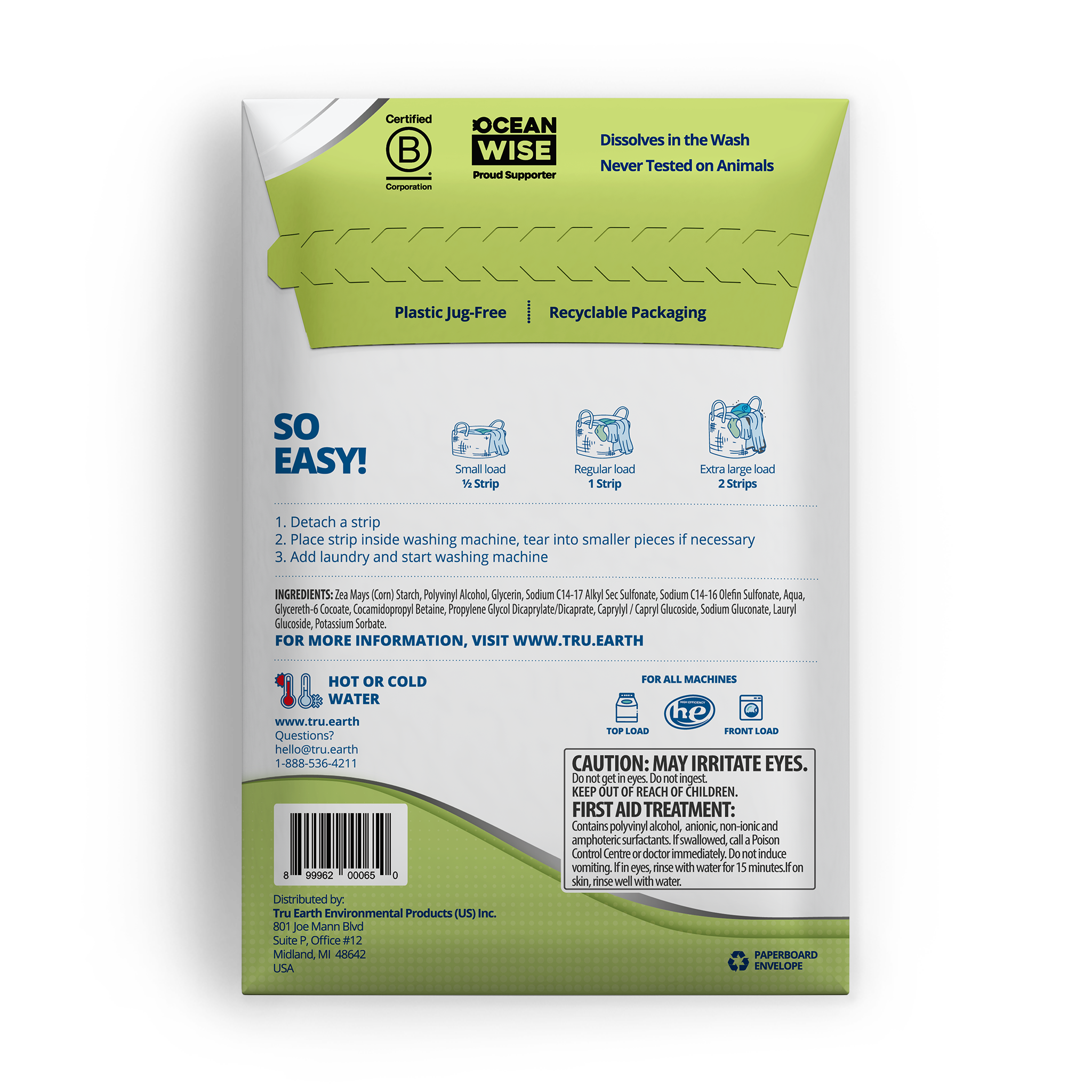 TruEarth Platinum Laundry Detergent Fragrance-Free Back of Package || 32 Strips