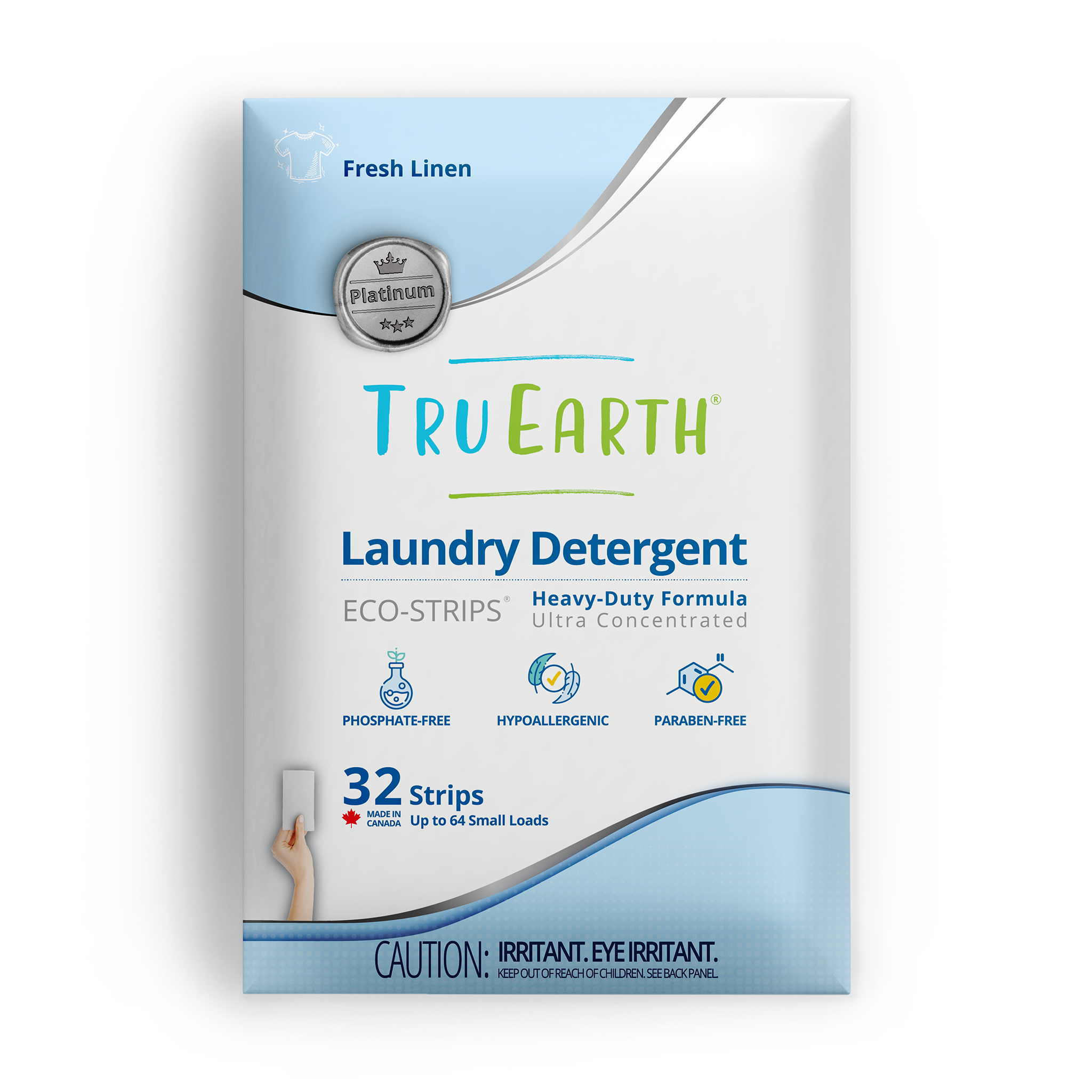 TruEarth Platinum Laundry Detergent Fresh Linen Front of Package || 32 Strips