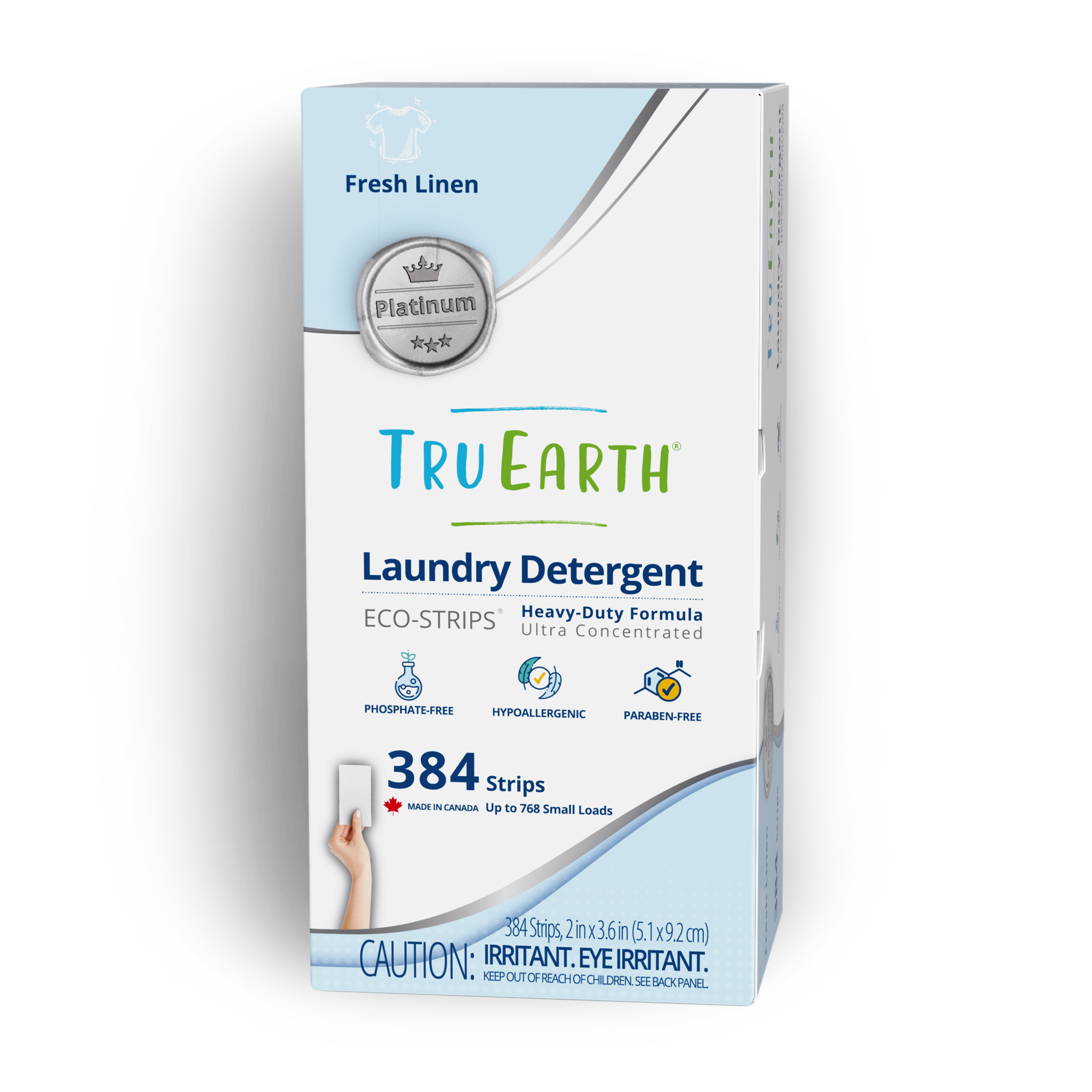 TruEarth Platinum Laundry Detergent Fresh Linen Front of Package || 384 Strips
