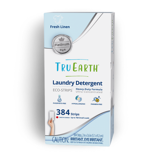 TruEarth Platinum Laundry Detergent Fresh Linen Front of Package || 384 Strips