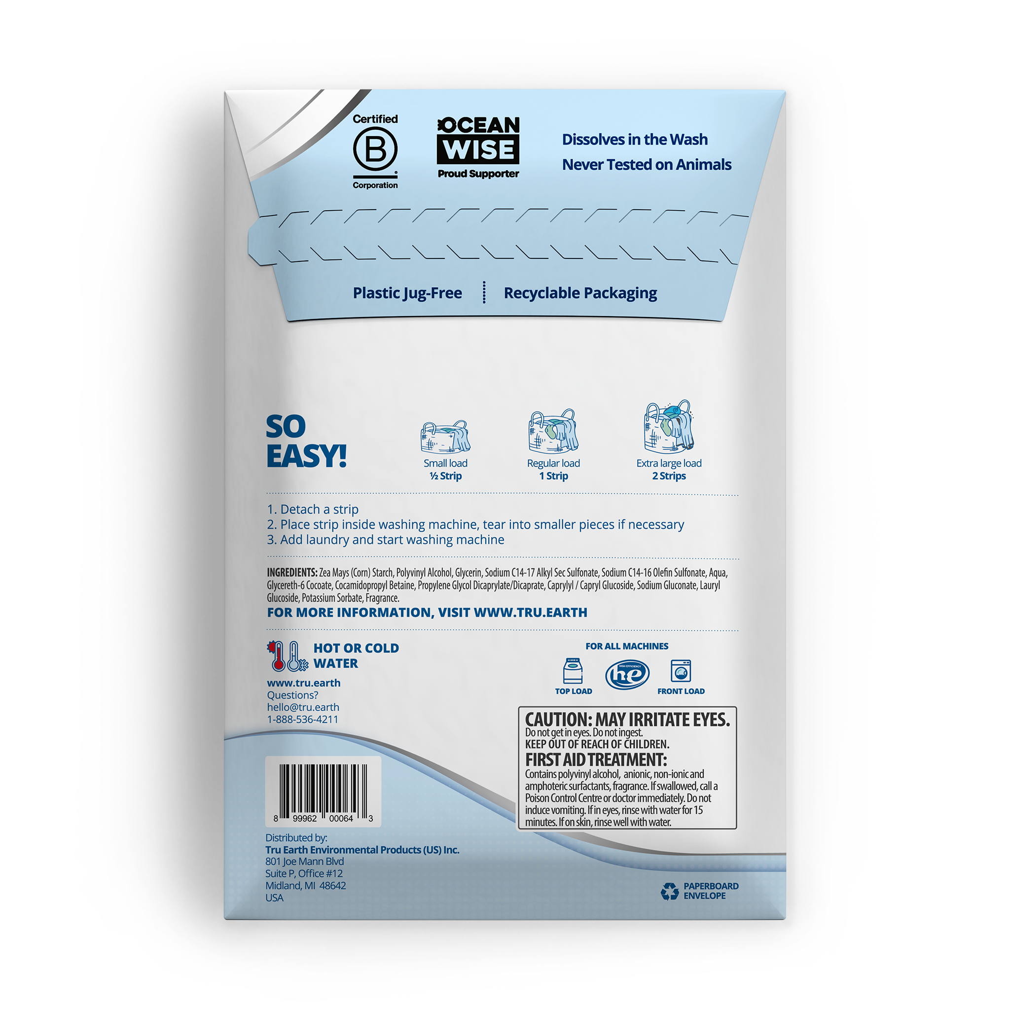 TruEarth Platinum Laundry Detergent Fresh Linen Back of Package || 64 Strips