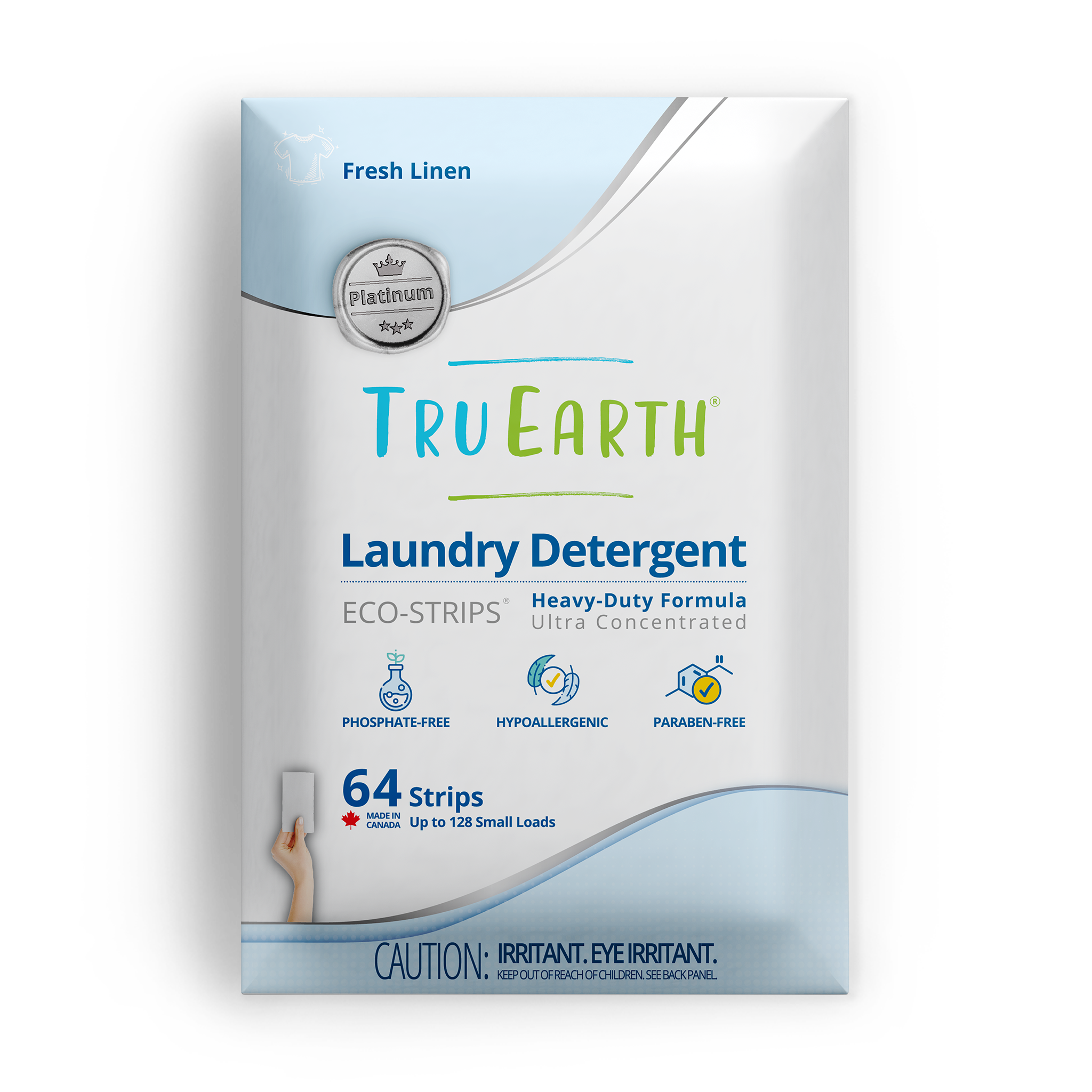TruEarth Platinum Laundry Detergent Fresh Linen Front of Package || 64 Strips