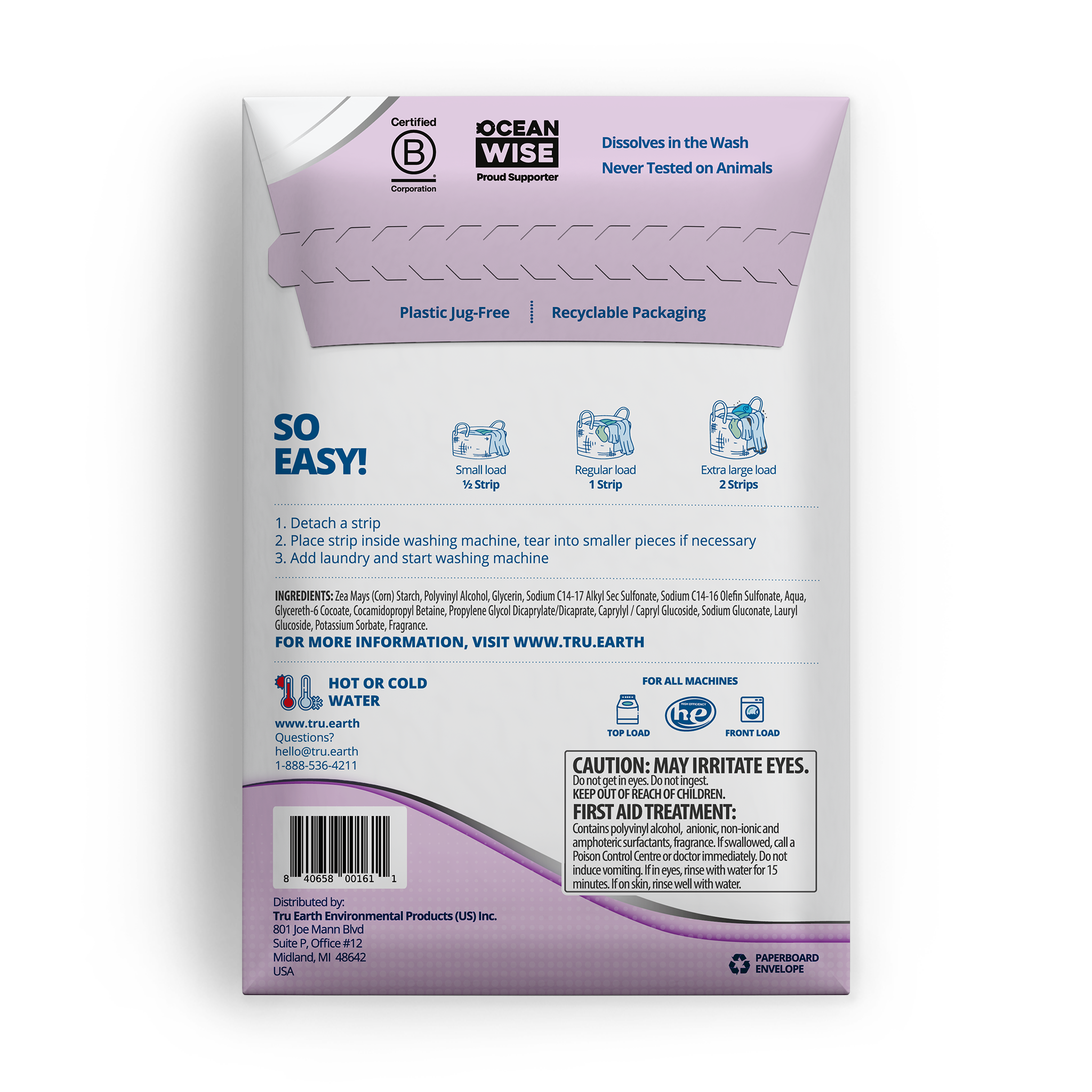 TruEarth Platinum Laundry Detergent Lilac Breeze Back of Package || 32 Strips