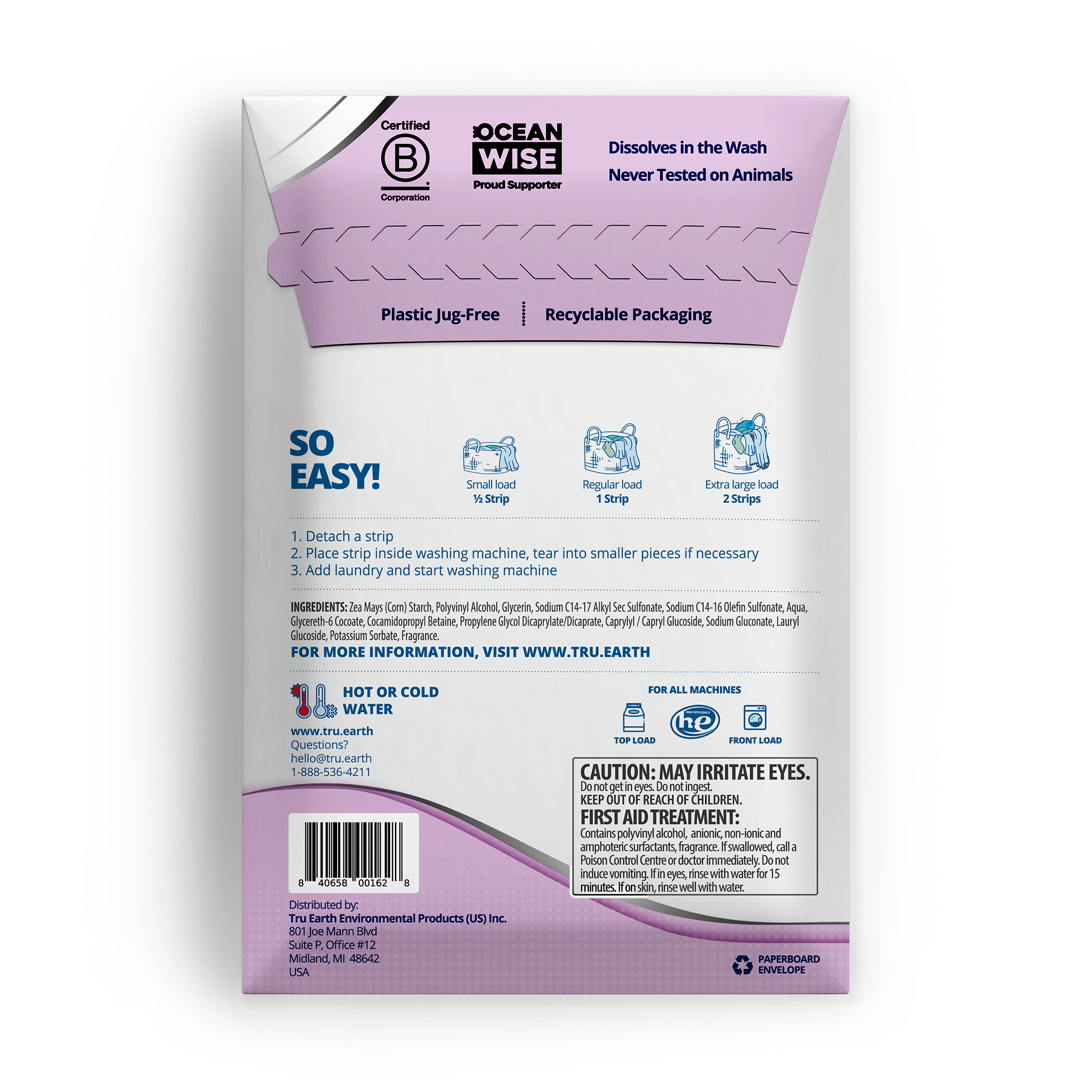 TruEarth Platinum Laundry Detergent Lilac Breeze Back of Package || 64 Strips