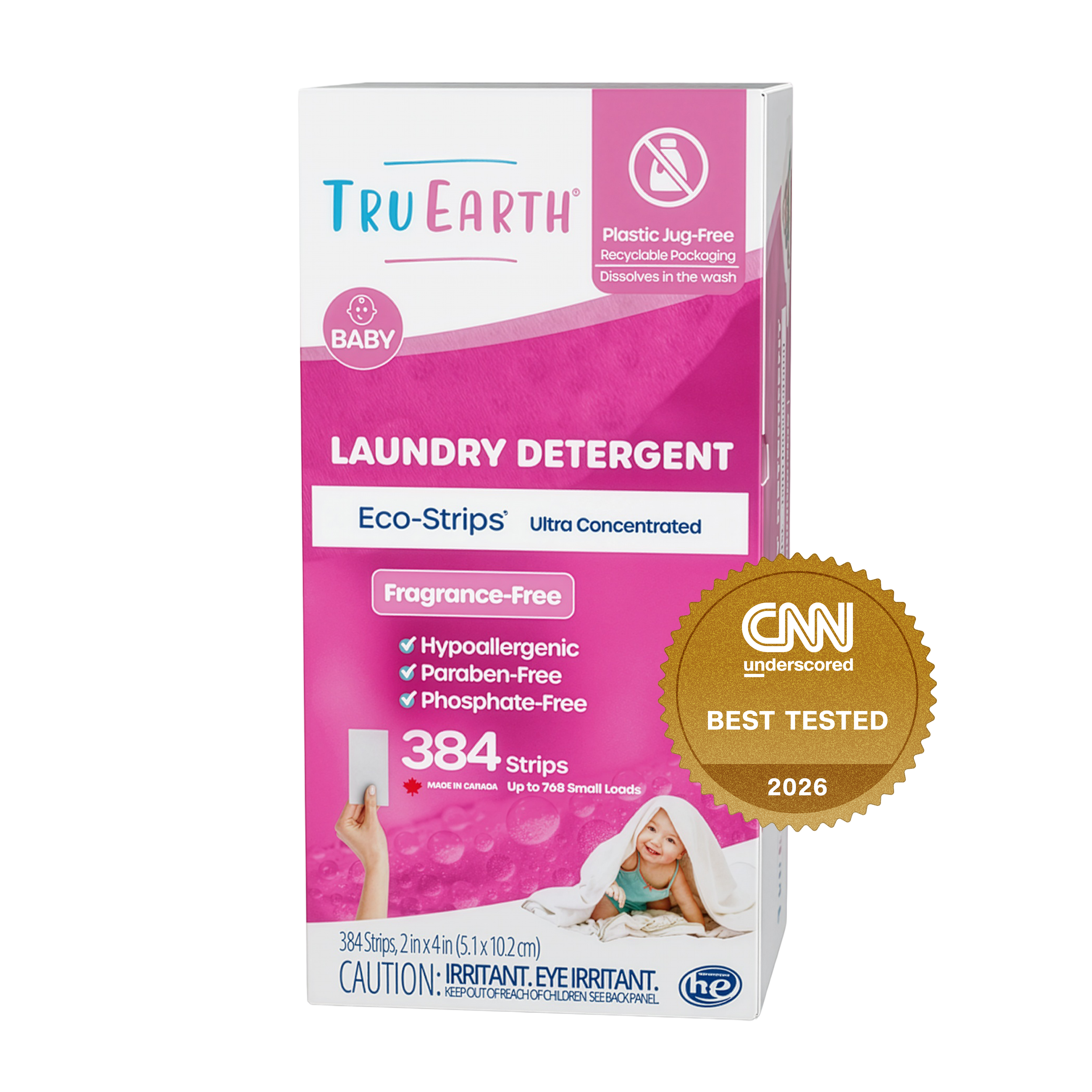 TruEarth Laundry Detergent Baby Fragrance-Free Front of Package, CNN Underscored Best Tested 2026 || 384 Strips