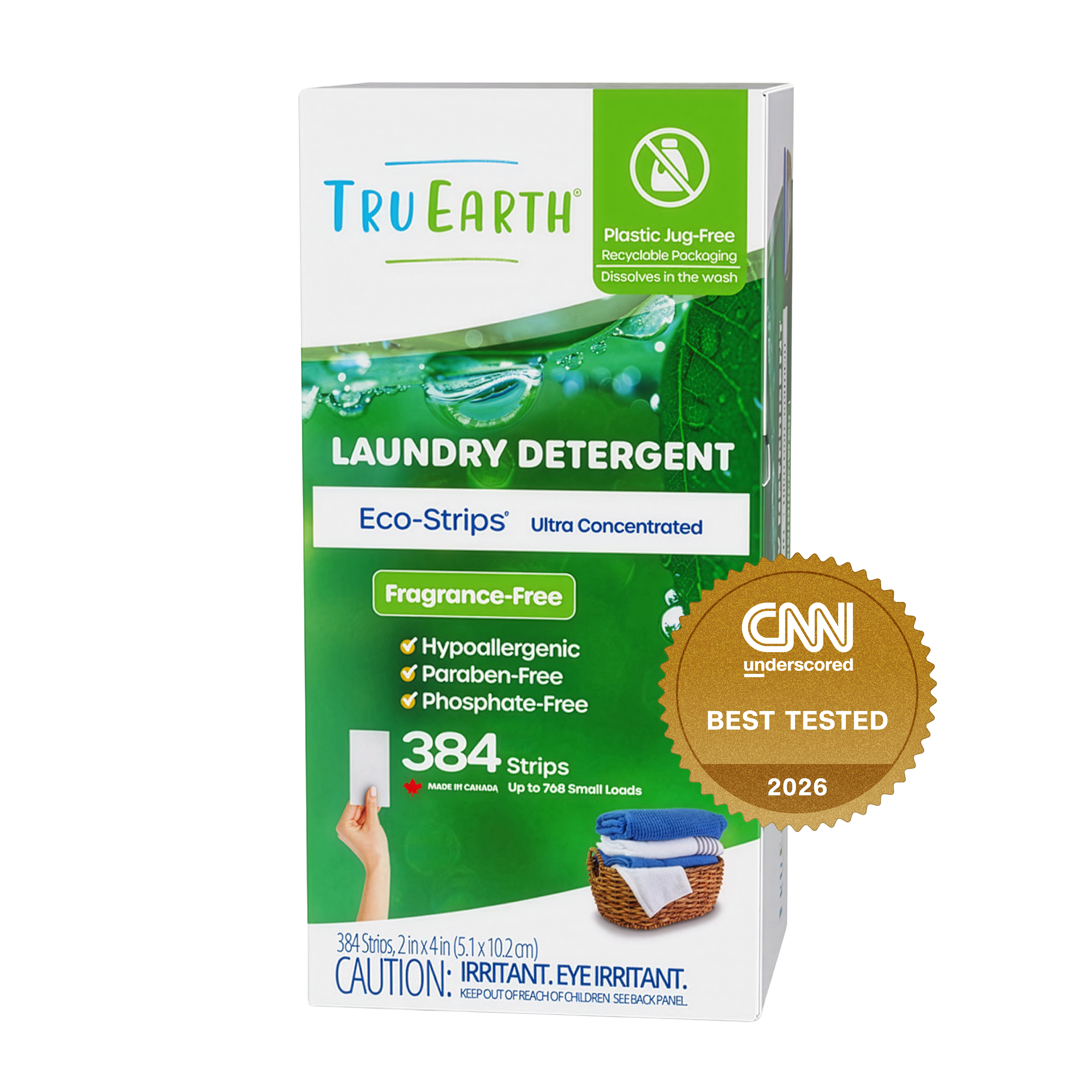 TruEarth Laundry Detergent Fragrance-Free Front of Package, CNN Underscored Best Tested 2026 || 384 Strips