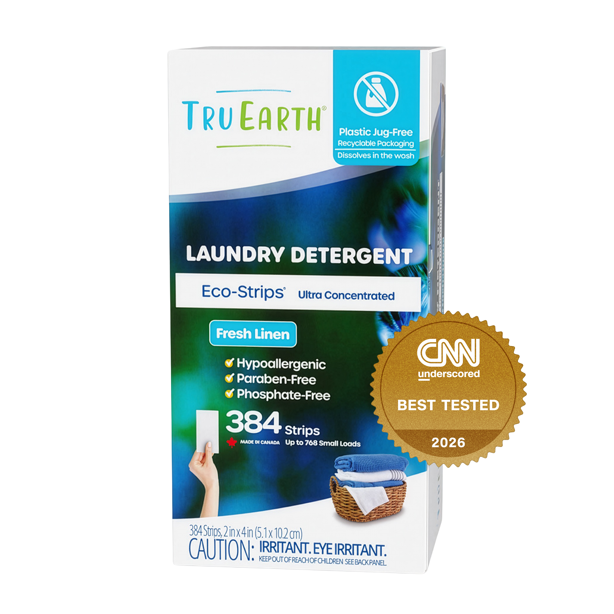 TruEarth Laundry Detergent Fresh Linen Front of Package, CNN Underscored Best Tested 2026 || 384 Strips