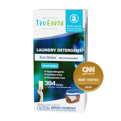 TruEarth Laundry Detergent Fresh Linen Front of Package, CNN Underscored Best Tested 2026 || 384 Strips