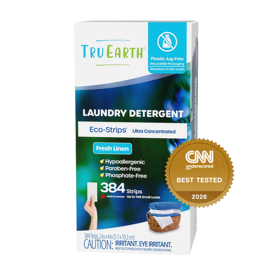TruEarth Laundry Detergent Fresh Linen Front of Package, CNN Underscored Best Tested 2026 || 384 Strips