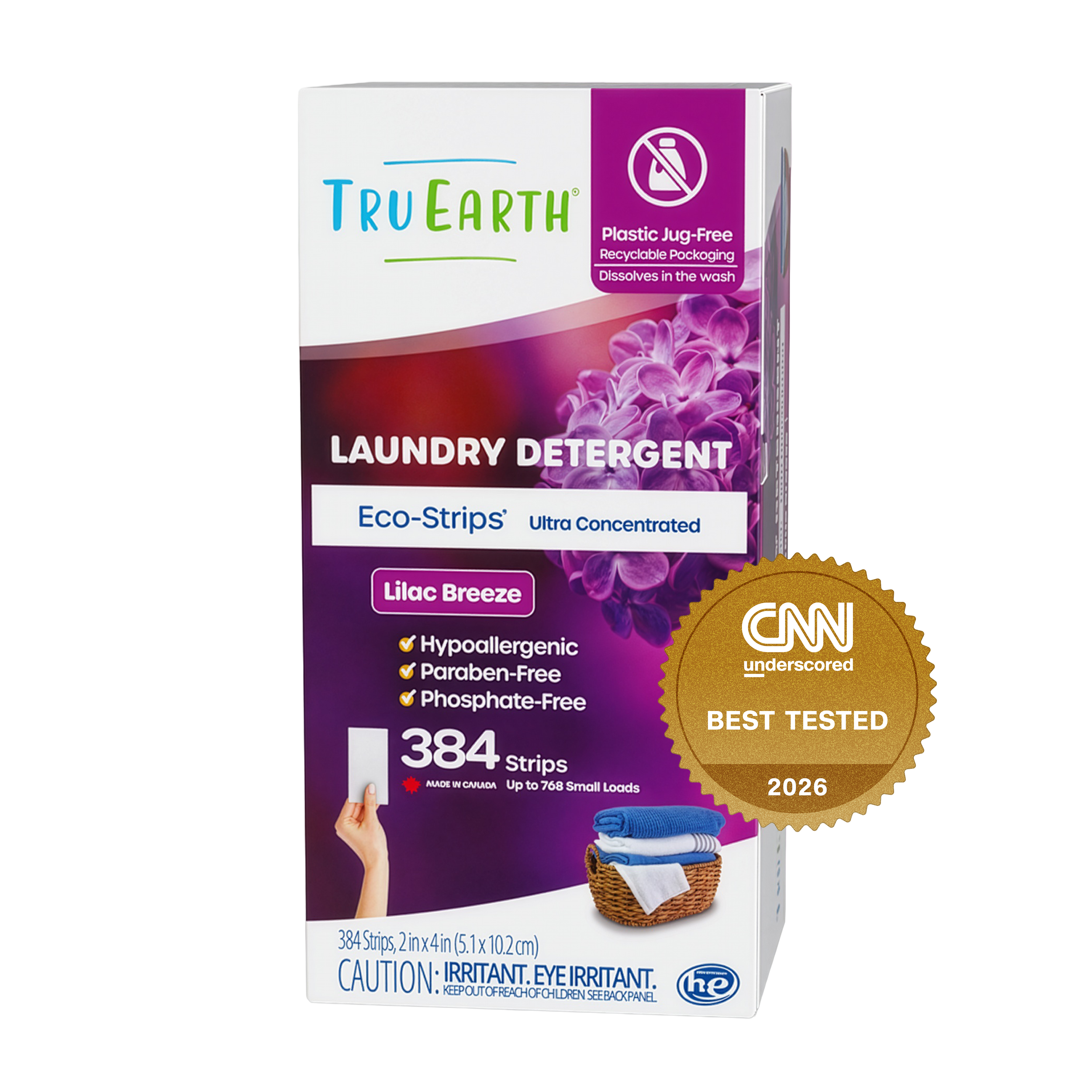 TruEarth Laundry Detergent Lilac Breeze Front of Package, CNN Underscored Best Tested 2026 || 384 Strips