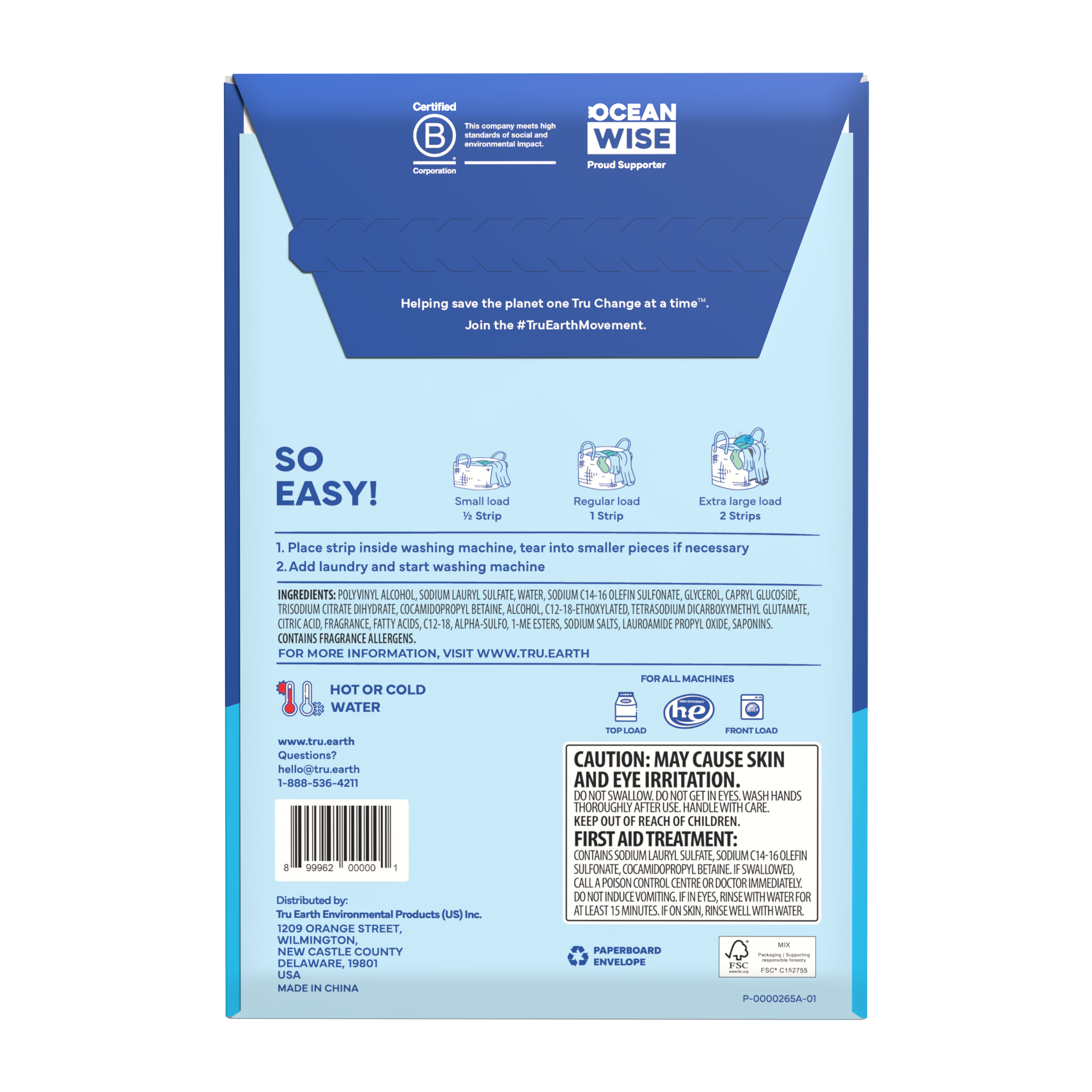 TruEarth Laundry Detergent Fresh Linen Back of Package || 32 Strips