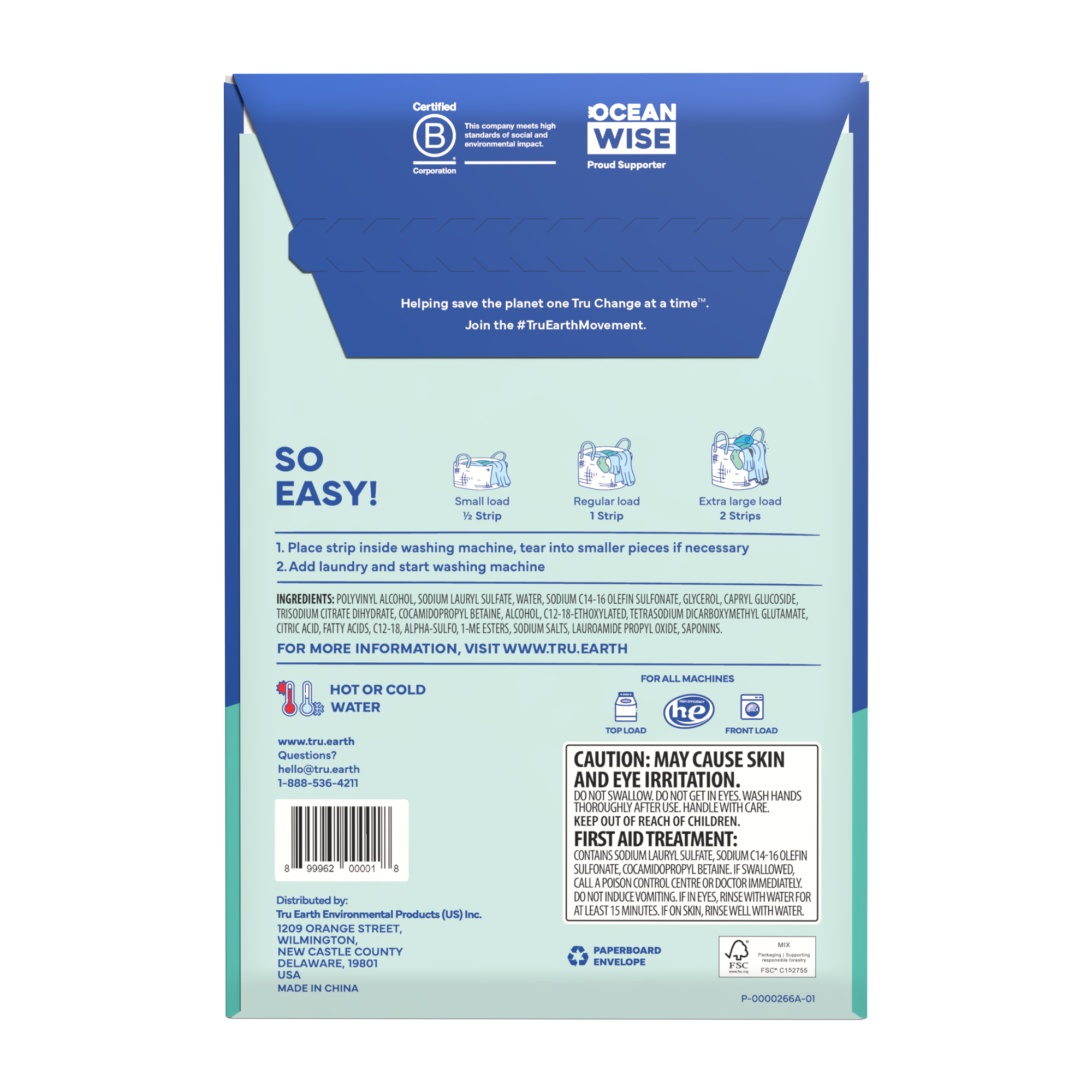 TruEarth Laundry Detergent Fragrance-Free Back of Package || 32 Strips