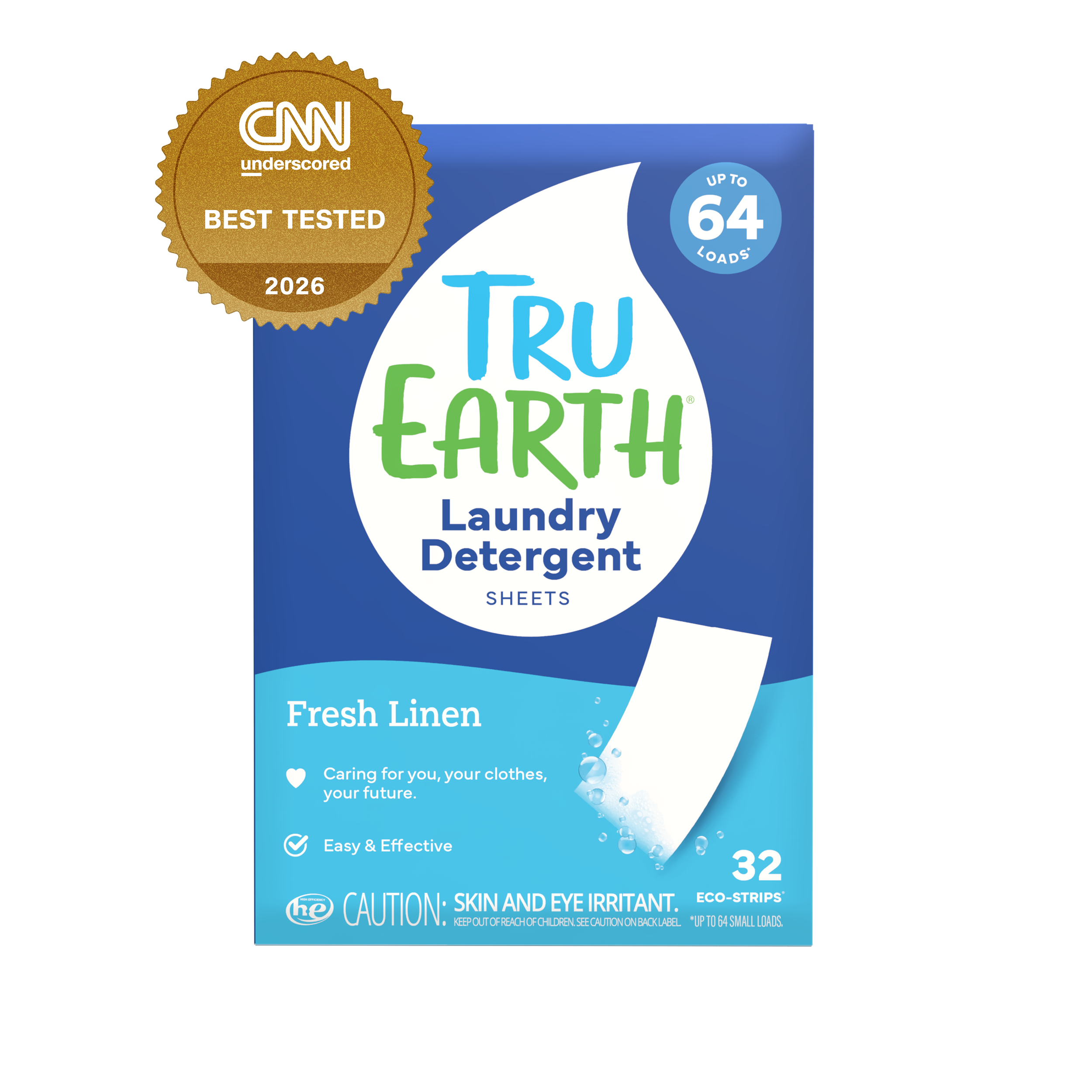 TruEarth Laundry Detergent Fresh Linen Front of Package, CNN Underscored Best Tested 2026 || 32 Strips