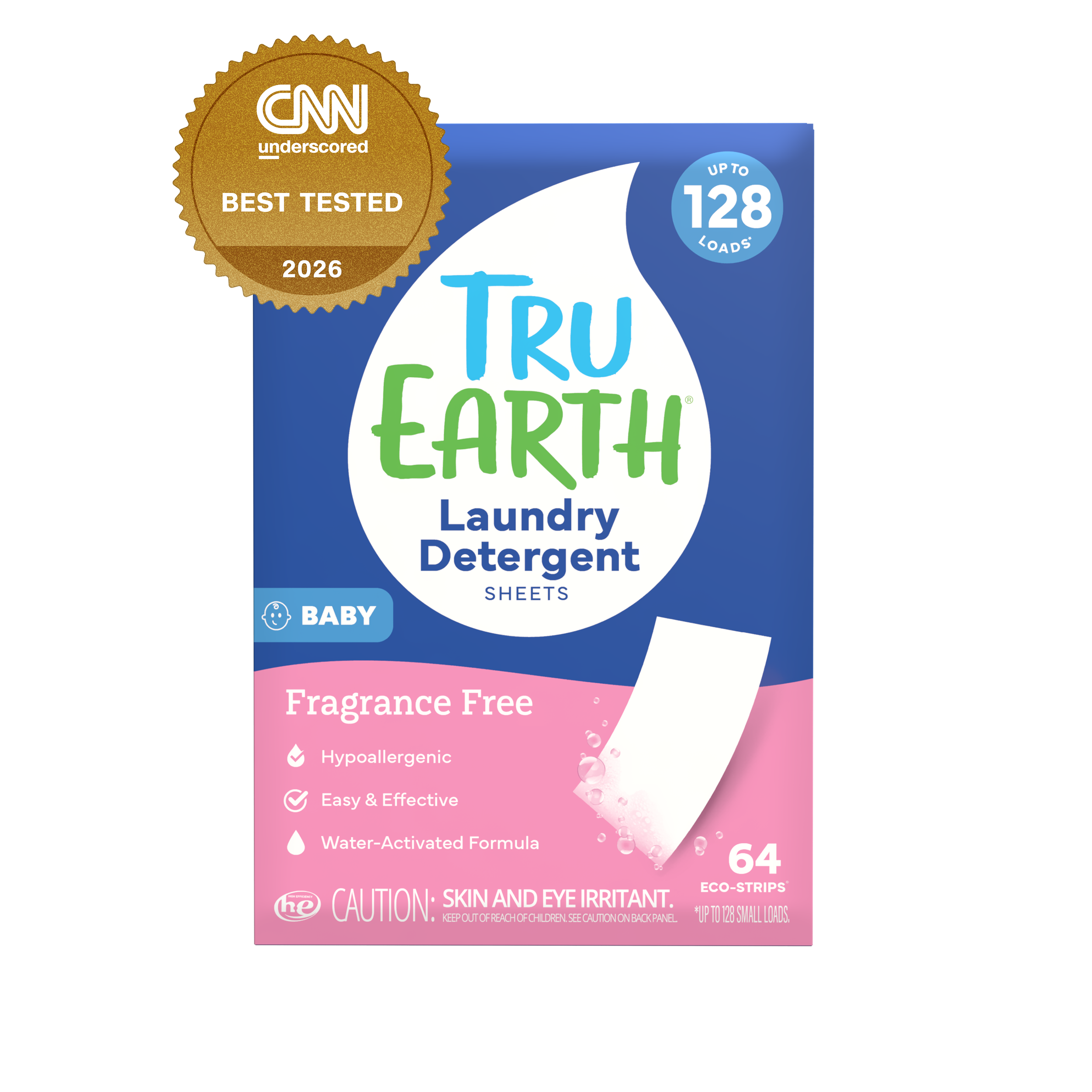 TruEarth Laundry Detergent Baby Fragrance-Free Front of Package, CNN Underscored Best Tested 2026 || 64 Strips