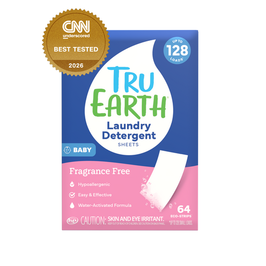 TruEarth Laundry Detergent Baby Fragrance-Free Front of Package, CNN Underscored Best Tested 2026 || 64 Strips