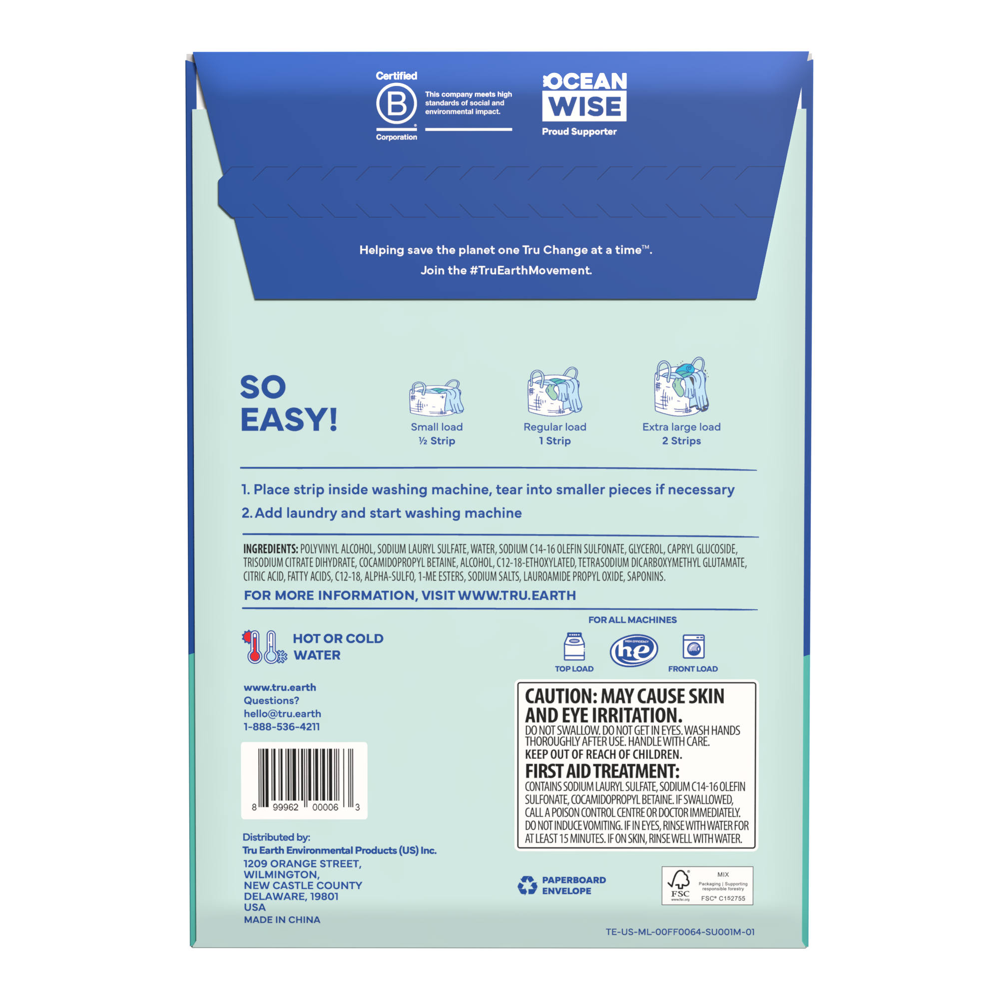 TruEarth Laundry Detergent Fragrance-Free Back of Package || 64 Strips