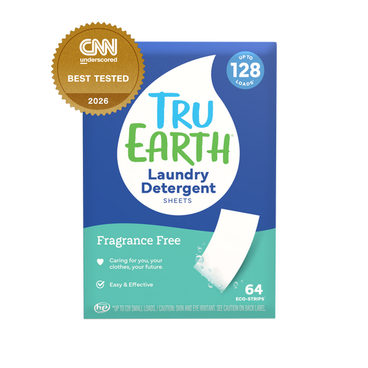 TruEarth Laundry Detergent Fragrance-Free Front of Package, CNN Underscored Best Tested 2026 || 64 Strips