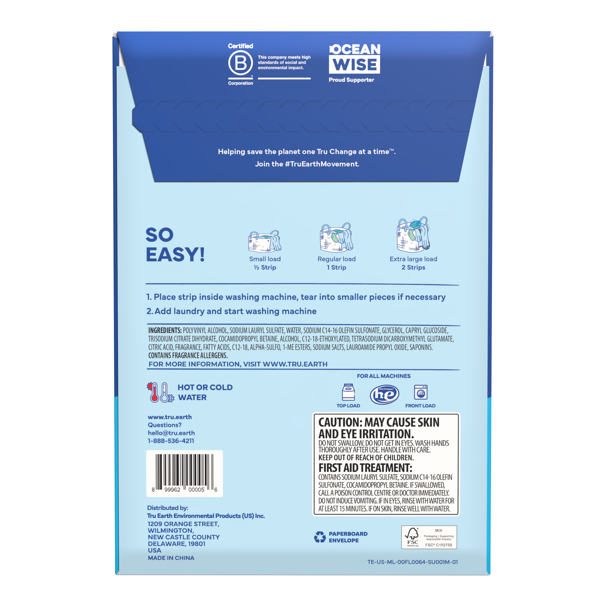 TruEarth Laundry Detergent Fresh Linen Back of Package || 64 Strips