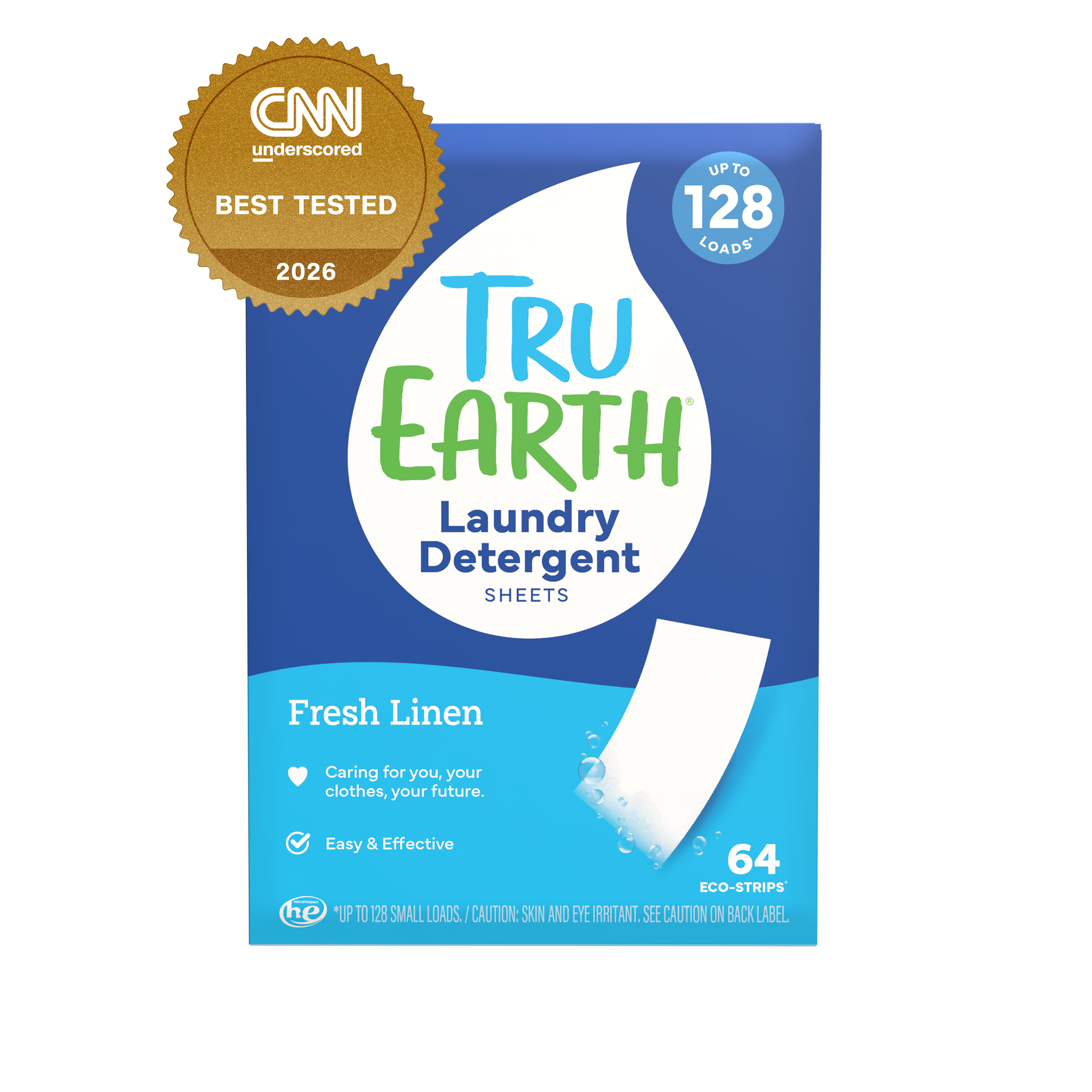 TruEarth Laundry Detergent Fresh Linen Front of Package, CNN Underscored Best Tested 2026 || 64 Strips
