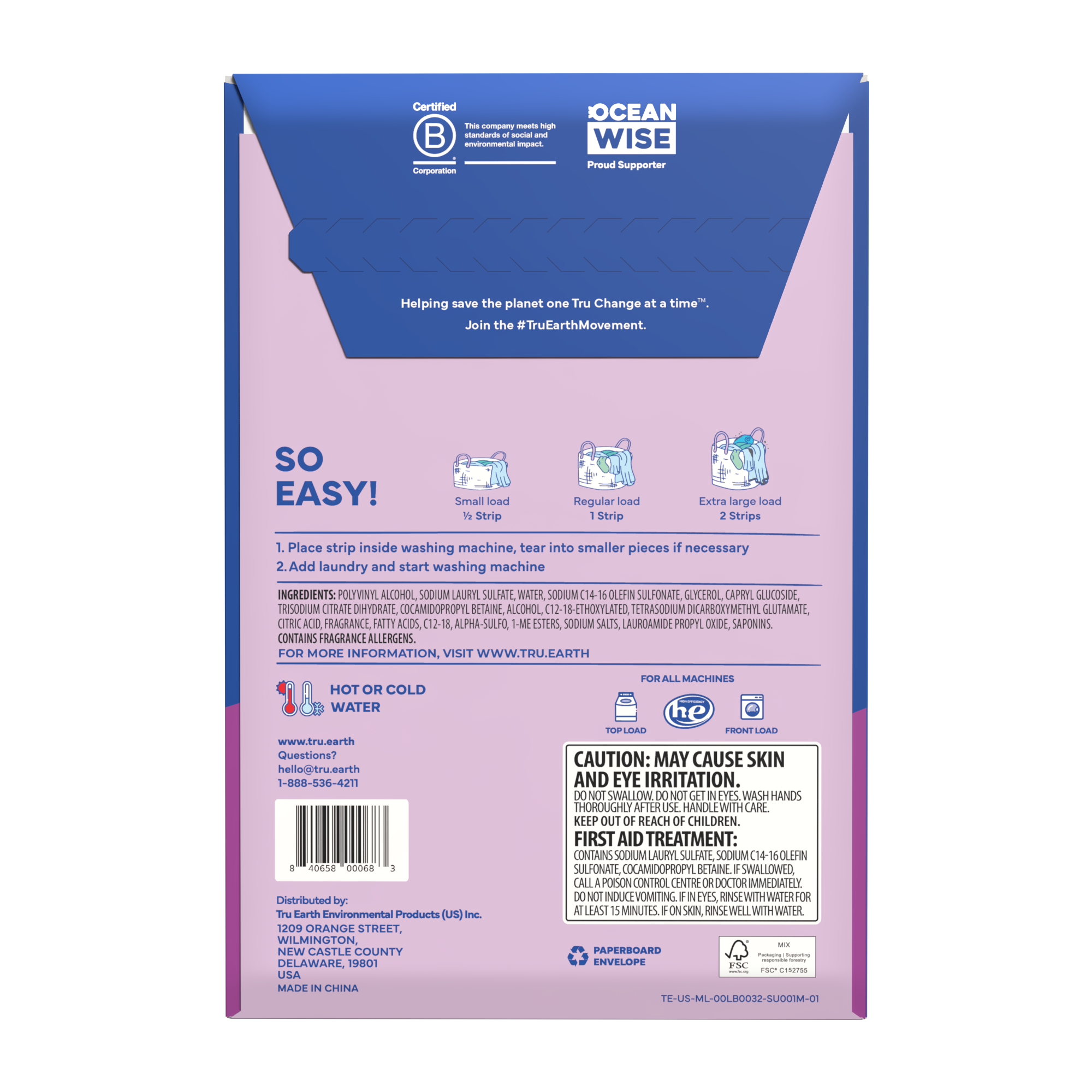 TruEarth Laundry Detergent Lilac Breeze Back of Package || 32 Strips