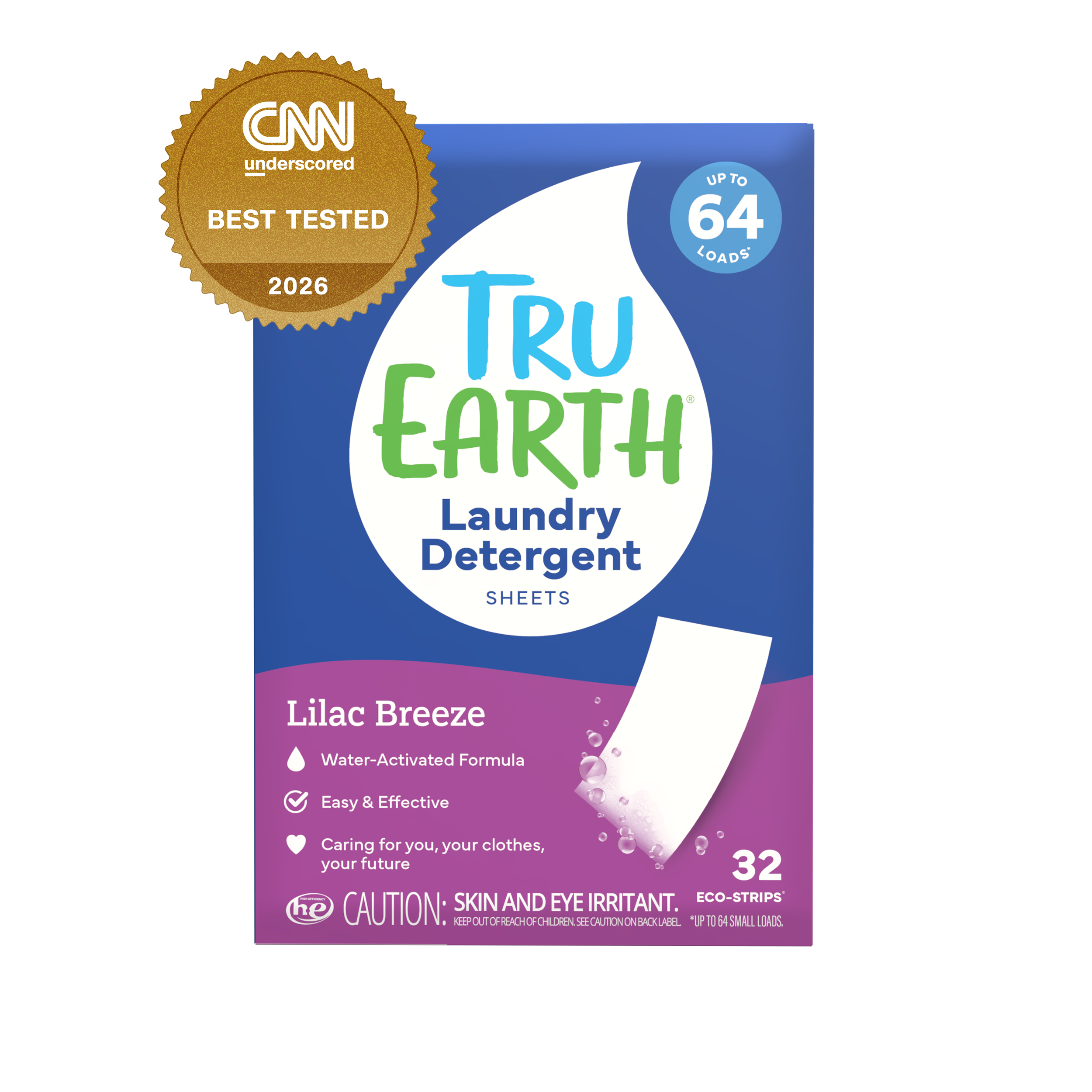 TruEarth Laundry Detergent Lilac Breeze Front of Package, CNN Underscored Best Tested 2026 || 32 Strips