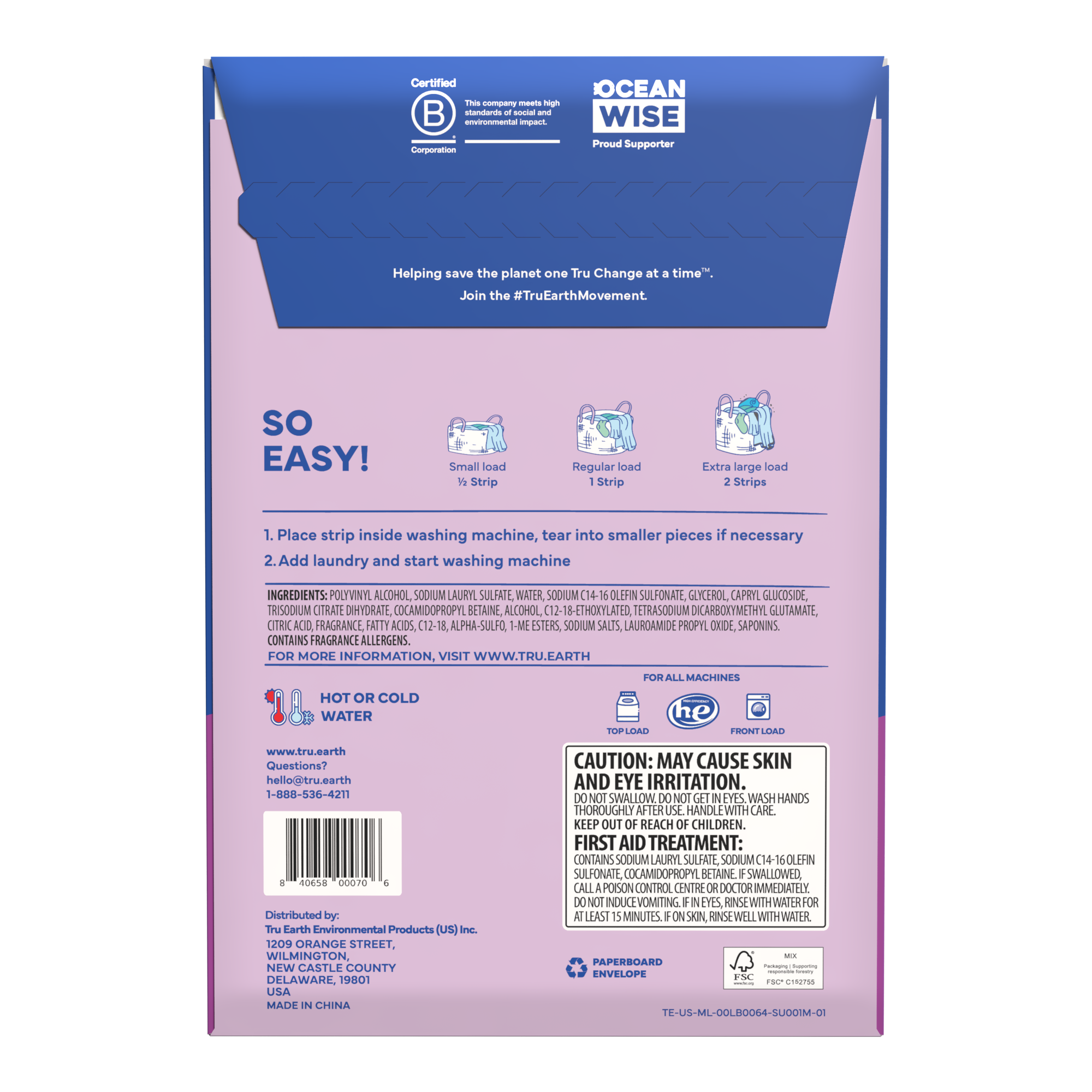 TruEarth Laundry Detergent Lilac Breeze Back of Package || 64 Strips