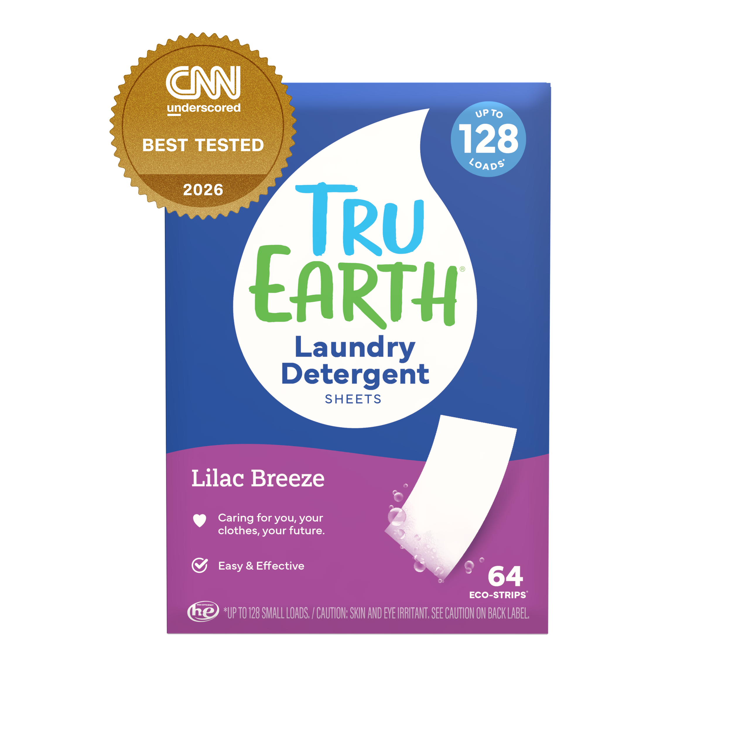 TruEarth Laundry Detergent Lilac Breeze Front of Package, CNN Underscored Best Tested 2026 || 64 Strips