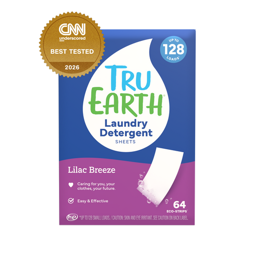 TruEarth Laundry Detergent Lilac Breeze Front of Package, CNN Underscored Best Tested 2026 || 64 Strips